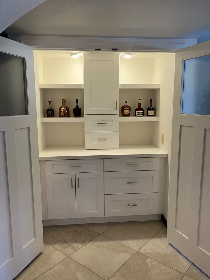 Wet bar area after Kowalski restoration — fully finished
